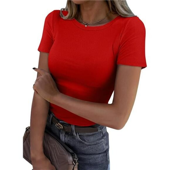 Womens Ribbed Fitted T Shirt Short Sleeve Crew Neck Stretchy Knit Top Tee - Picture 1 of 7